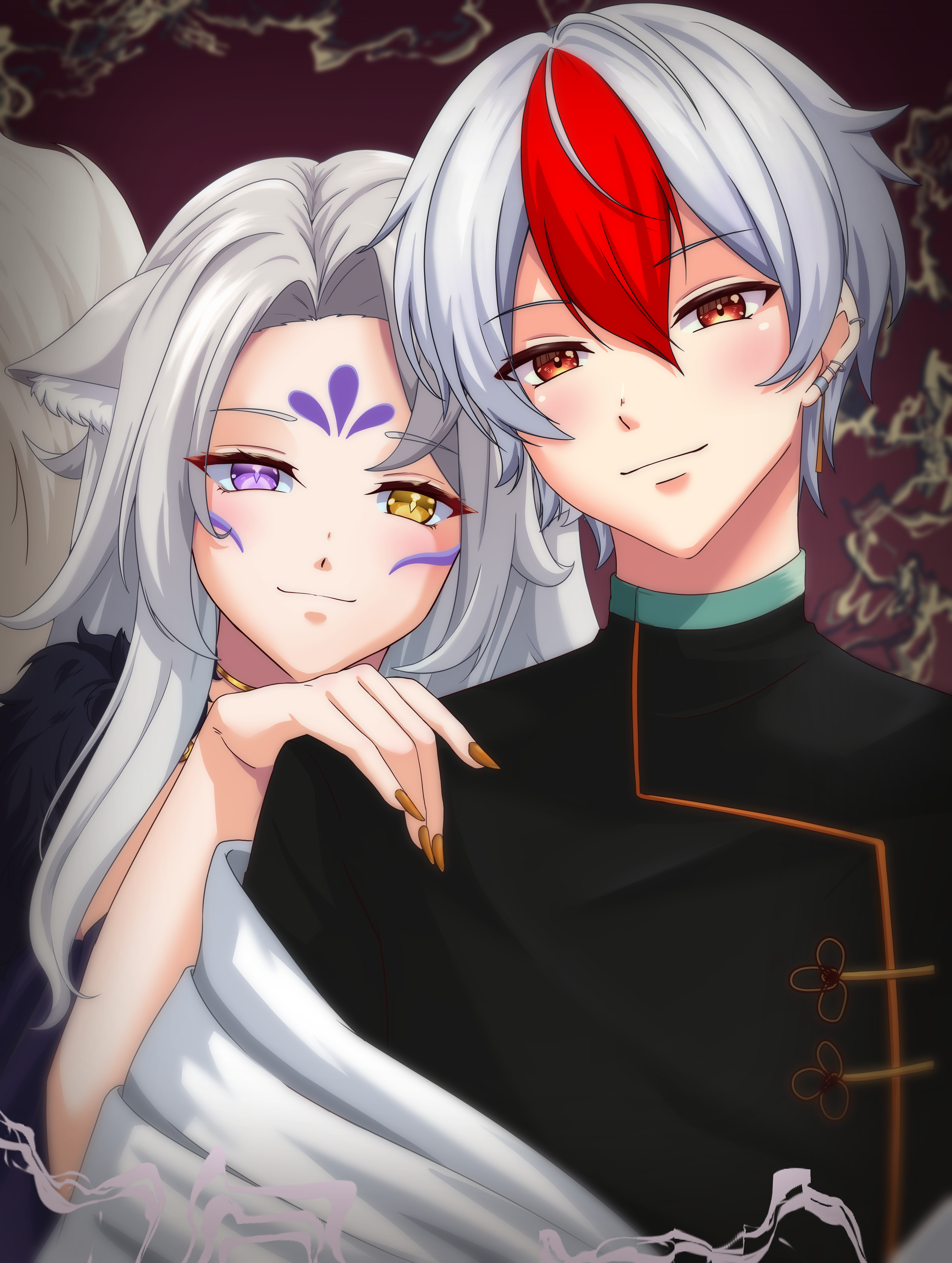 Bubbly's and Vince's VTuber avatars together: her with long silver hair, fluffy ears, one violet and one gold eye; him with silver and red hair in a black mandarin-collar jacket