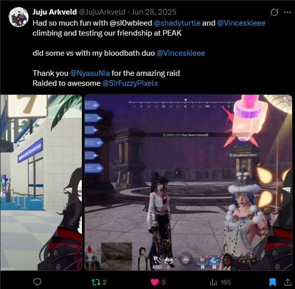 Bubbly's post calling Vince her bloodbath duo, with a Naraka: Bladepoint screenshot