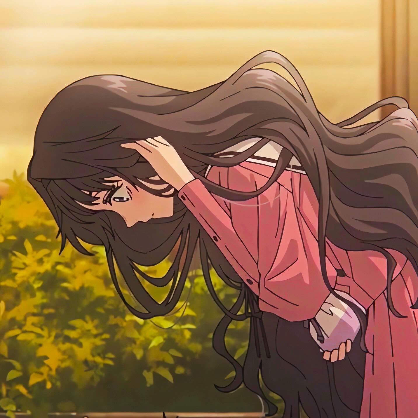 Kaoruko leaning over, looking down
