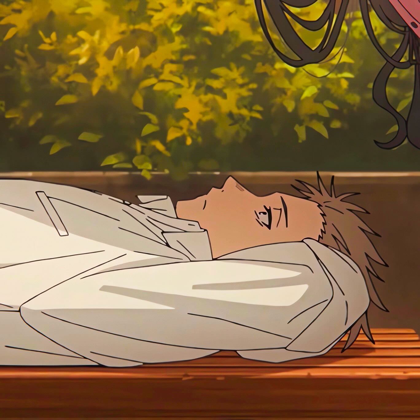 Rintaro lying on a bench, looking up